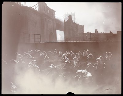 Girls working on a rooftop vegetable garden, Manhattan Bridge visible beyond, New York, 1910 by Byron Company